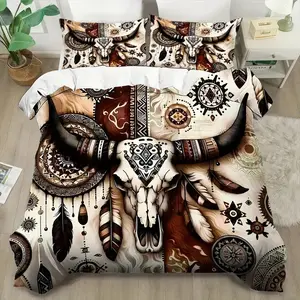 Bohemian Style Buffalo Skull Feather Print Decorative Duvet Cover Set, Soft Breathable Polyester Fabric, All Seasons, Bedroom Bedding Decor