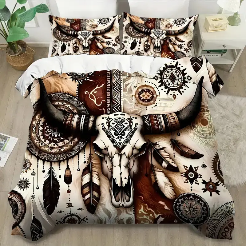 Bohemian Style Buffalo Skull Feather Print Decorative Boho Duvet Cover Set, Soft Breathable Polyester Fabric, All Seasons, Bedroom Bedding Decor