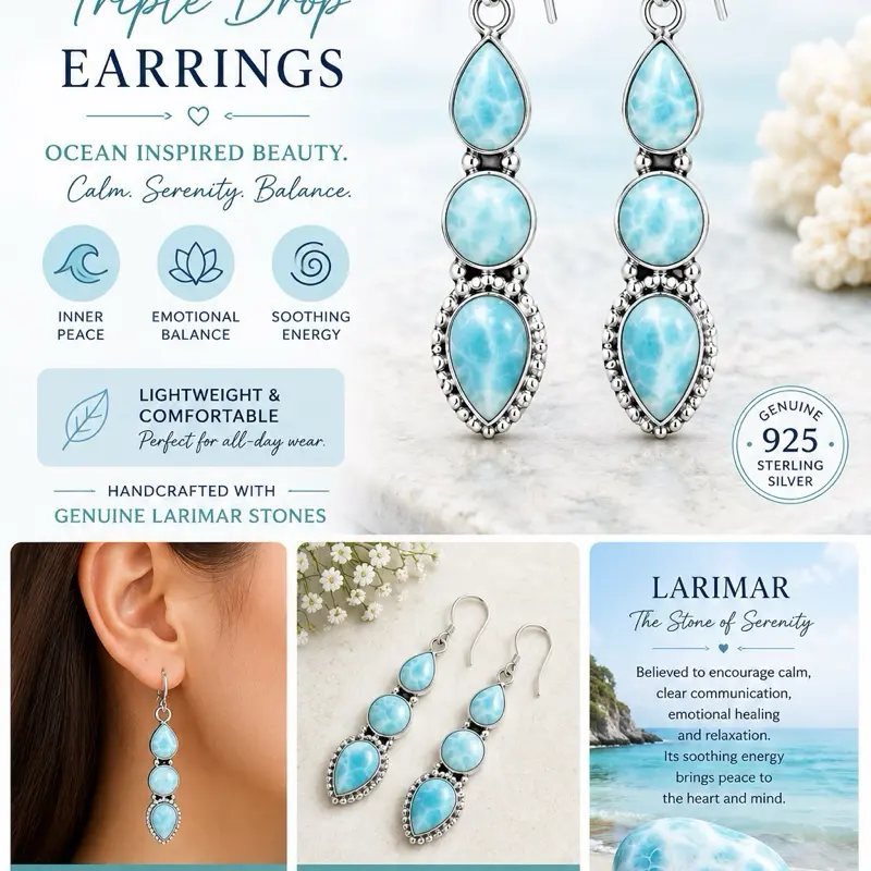 Larimar Triple Drop Dangle Earrings | Handmade Blue Gemstone | 925 Sterling Silver | Handmade Gemstone Dangle Earrings