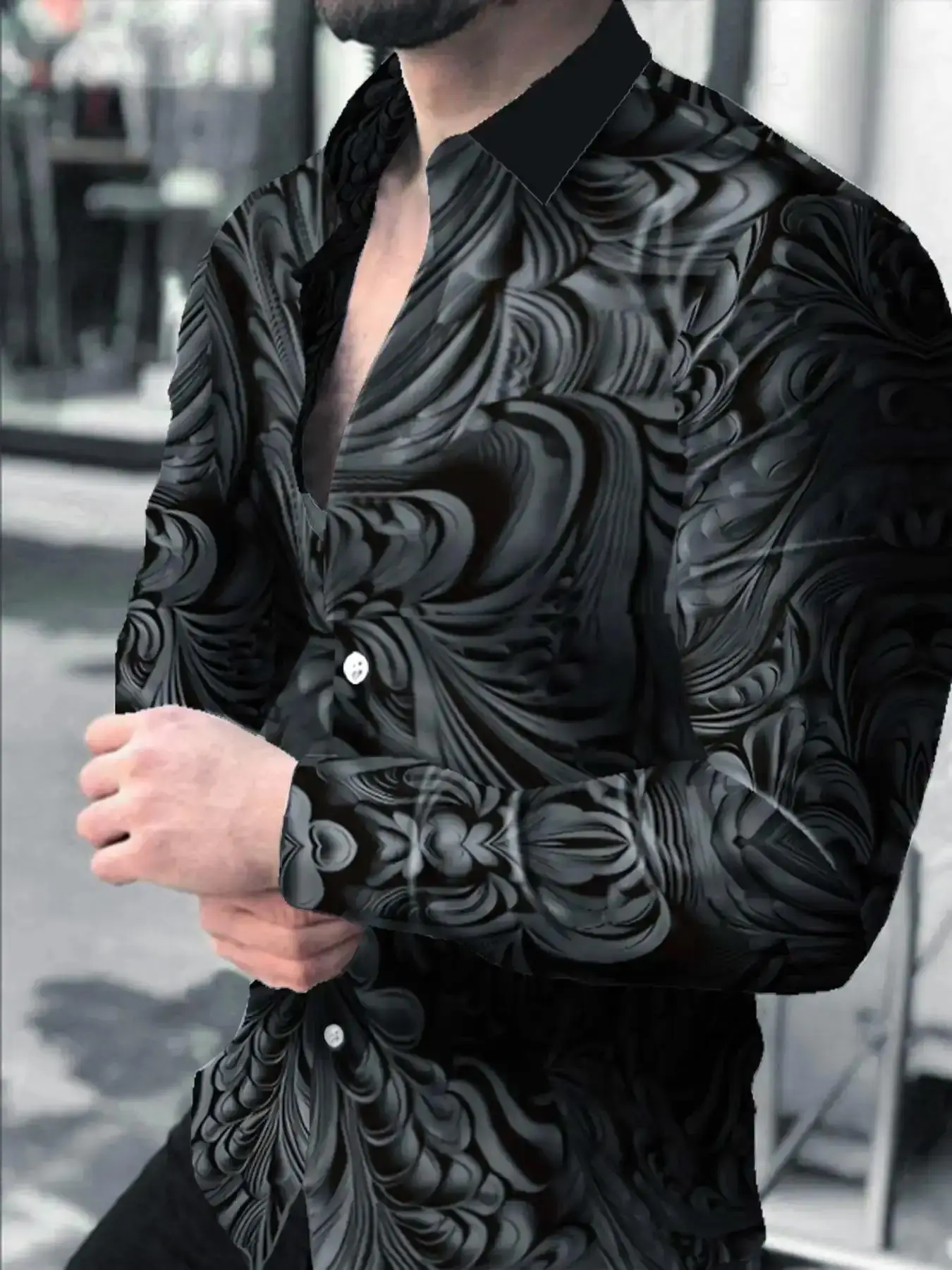 Men's All Over Print Button Front Shirt, Regular Fit Casual Fashion Long Sleeve Collared Top for Daily Outdoor Wear, Shirts for Men, Pro Club Shirt, B