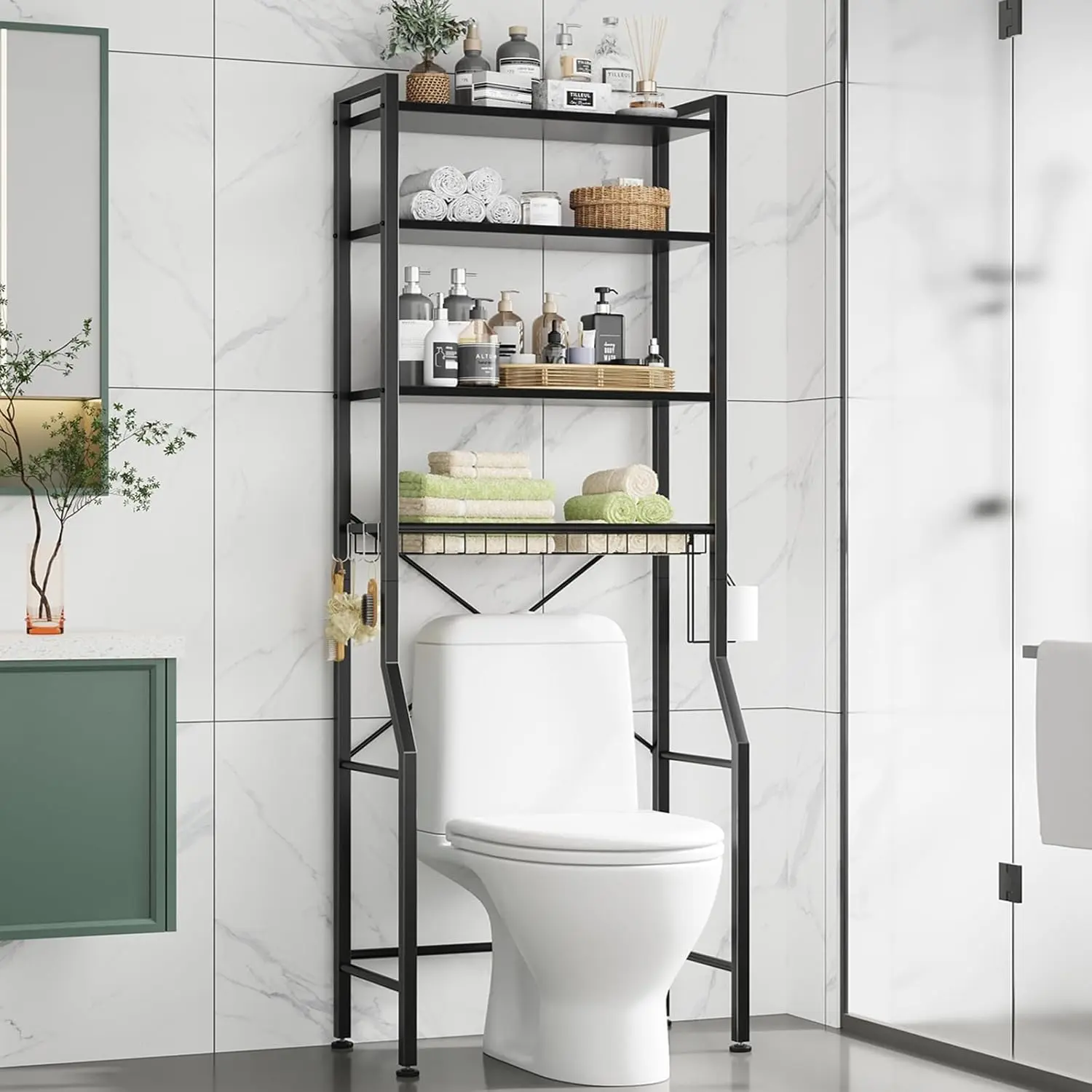 Over-The-Toilet Storage Rack, 4-Tier Bathroom Organizer Shelf Over Toilet with Adjustable Shelf and Basket, Freestanding Space Saver Bathroom Shelves Above Toilet for Room