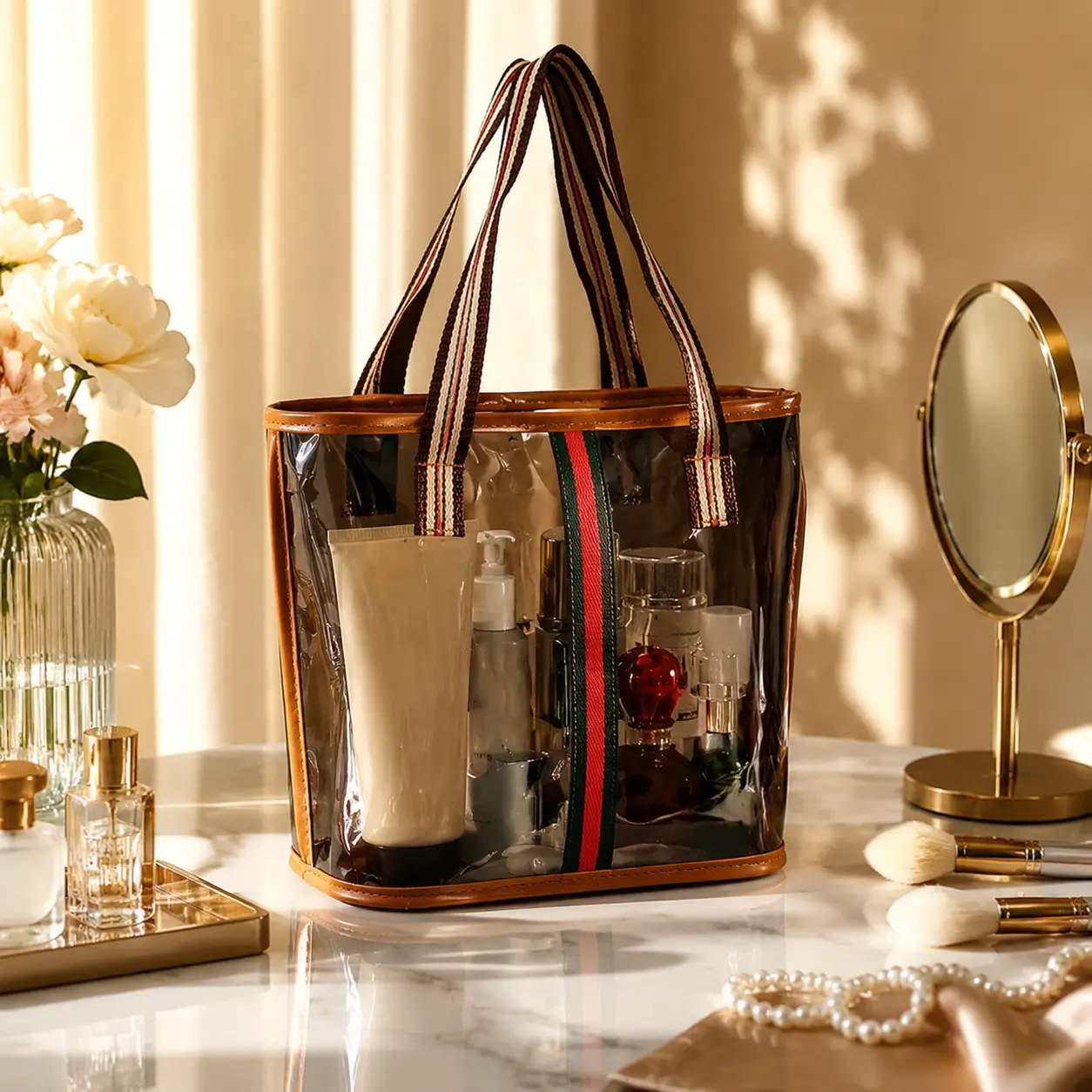 MeToMe Transparent Large-Capacity Makeup Bag - Vintage Luxury Style, Sturdy Tote Handles, Sandproof Swim & Travel Cosmetic Bag,Multi-Functional Home Organizer for Gym and Bathing