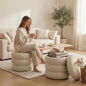 Modern Cloud Boucle Ottoman, Comfortable Round Stool with Storage for Living Space