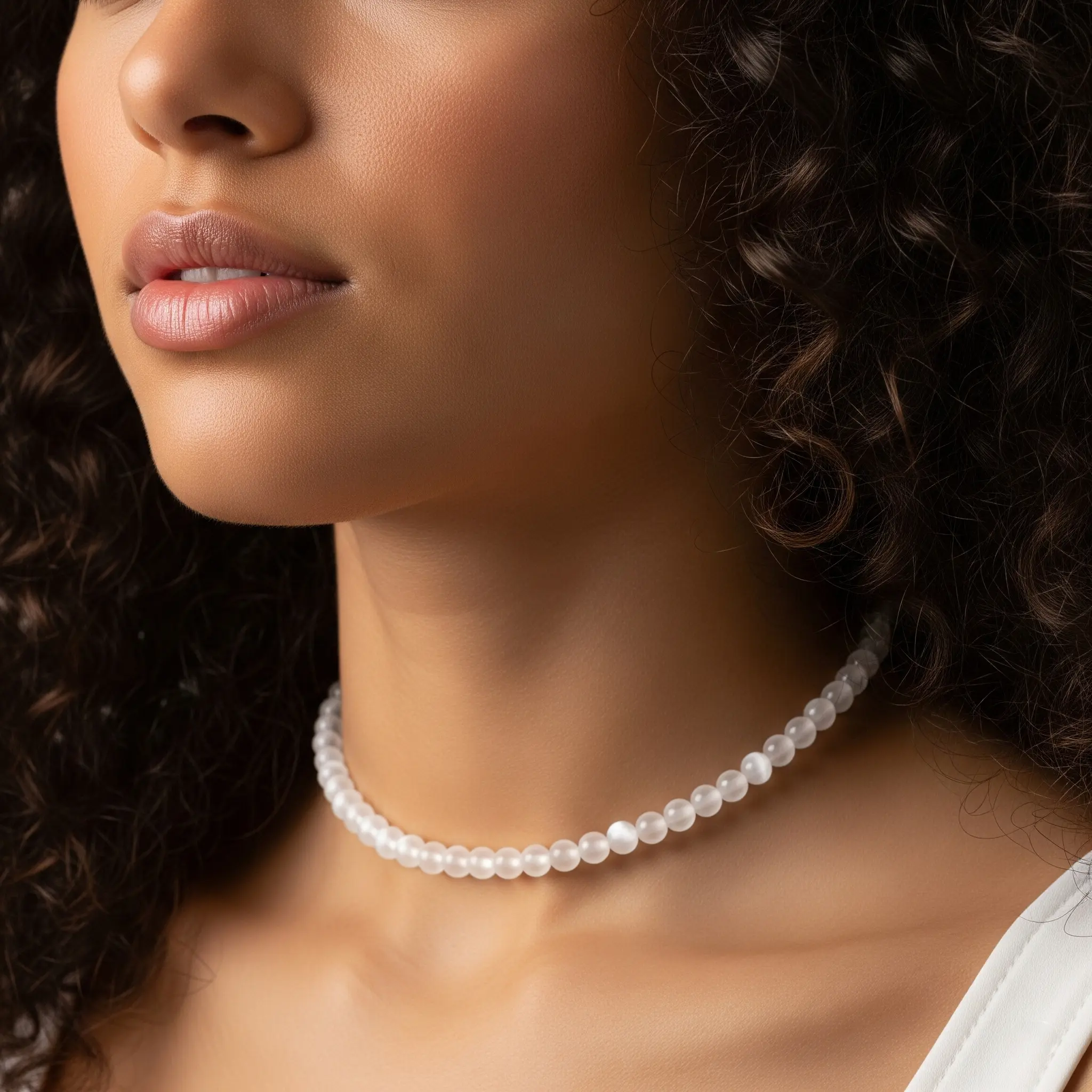 Natural Dainty Selenite 4mm Tiny Beads Choker, Minimalist Silver Chain Healing Crystal Necklace, Serenity Forgiveness Clarity of Thought Psychic Development Gift For Her, Healing Natural Crystal Necklaces & Pendants