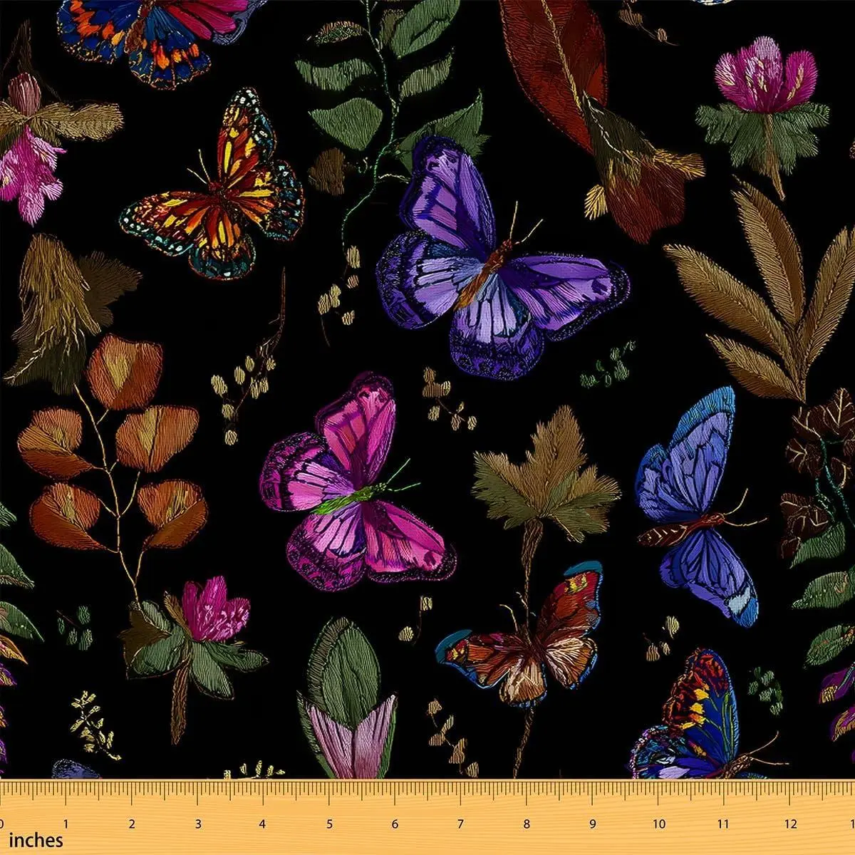 Vintage Butterfly Fabric,Retro Butterflies Leaf Print Upholstery Fabric Chairs Sofa Couch,Butterfly Floral Soft Flannel,,Red Purple Black