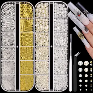 2 Boxes Flatback Pearls (White+Beige) and Metal Nail Beads (Silver+Gold) for Nail Art, Luxurious Pearl Nail Charms and Small Round Caviar Beads Nail Accessories for Acrylic Nail Tips Manicure Decor