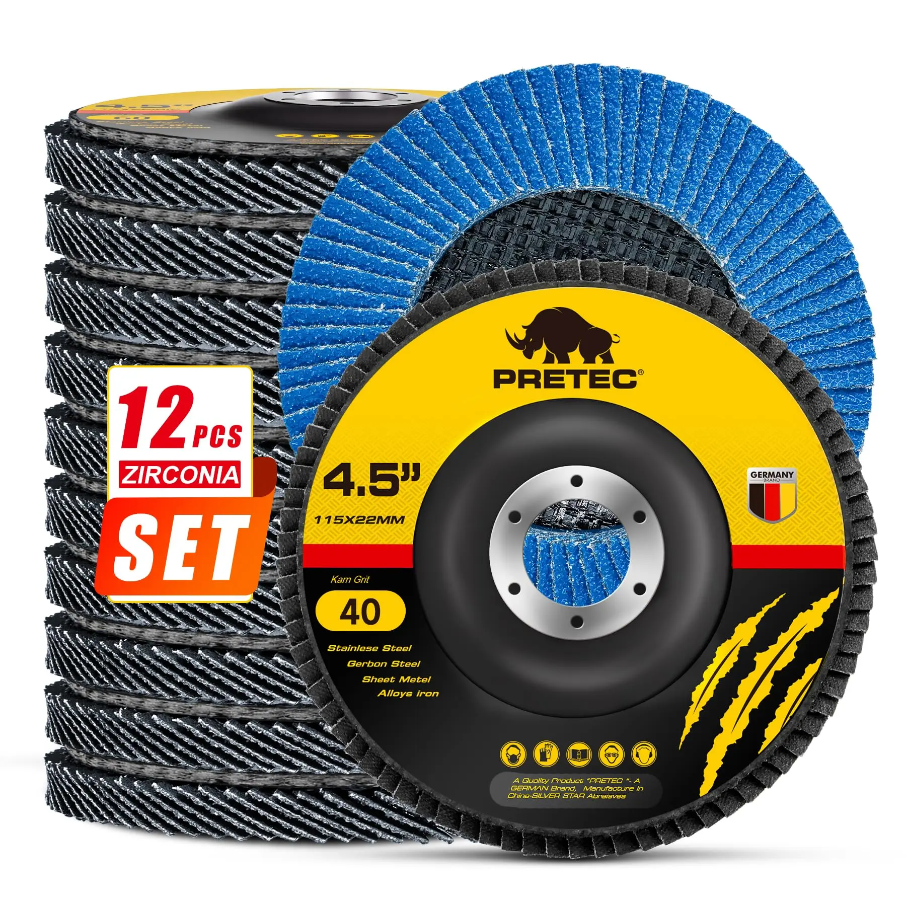 12-Pack 4.5" Zirconia Flap Discs for Angle Grinder, 40 Grit, Type 27 - Ideal for Grinding, Rust Removal & Finishing