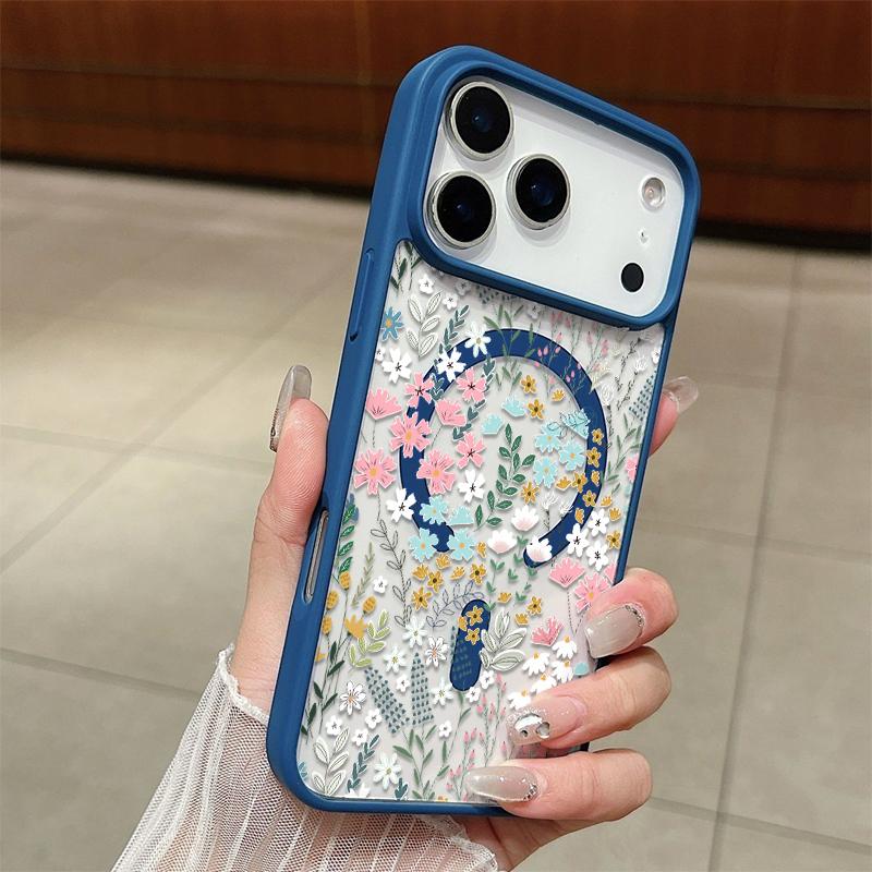 Chic Botanical Graphic Phone Case Hand-Drawn Style Pink, Blue & Yellow Wildflowers Paired With Lush Greenery Featuring Built-In Strong Magnet Ring Blending Smooth Macaron Texture With Secure Magsafe Compatibility For iPhone 17 16 15 14 13 12 11 X XS
