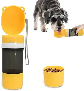 2-in-1 Pet Travel Water and Food Container - 14oz water bottle + 6oz food dispenser, leak-proof portable dog water bowl, perfect for outdoor travel, walks, hikes, camping, yellow cup.