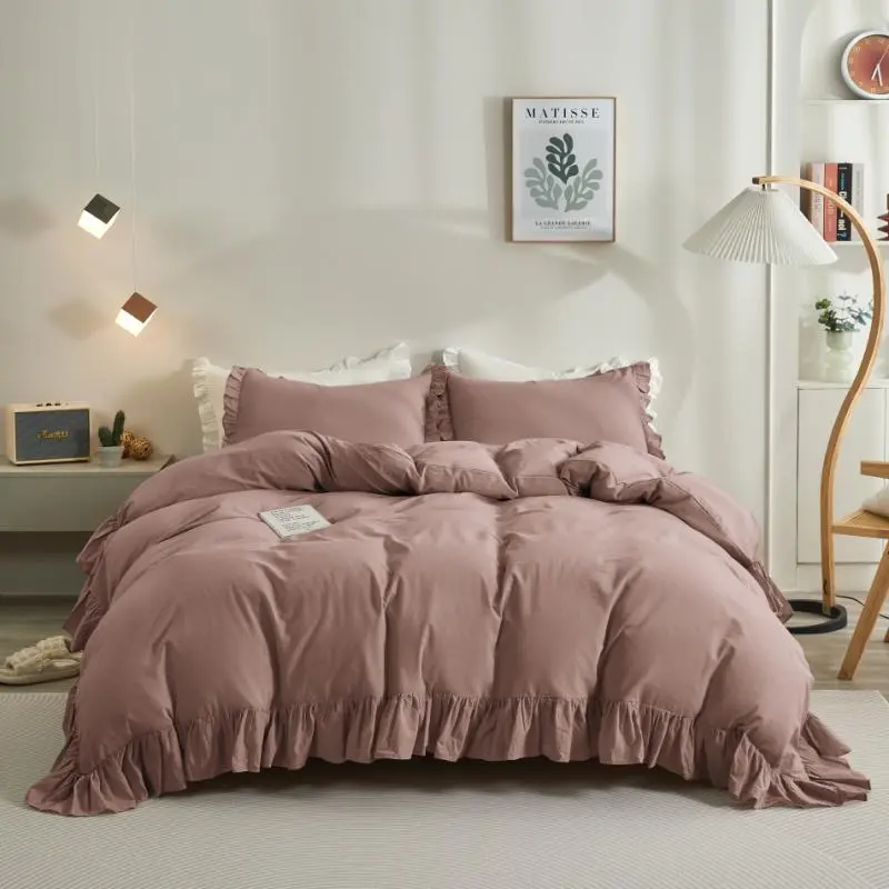 Rose Mauve Washed Cotton Ruffled Duvet Set - Shabby Chic