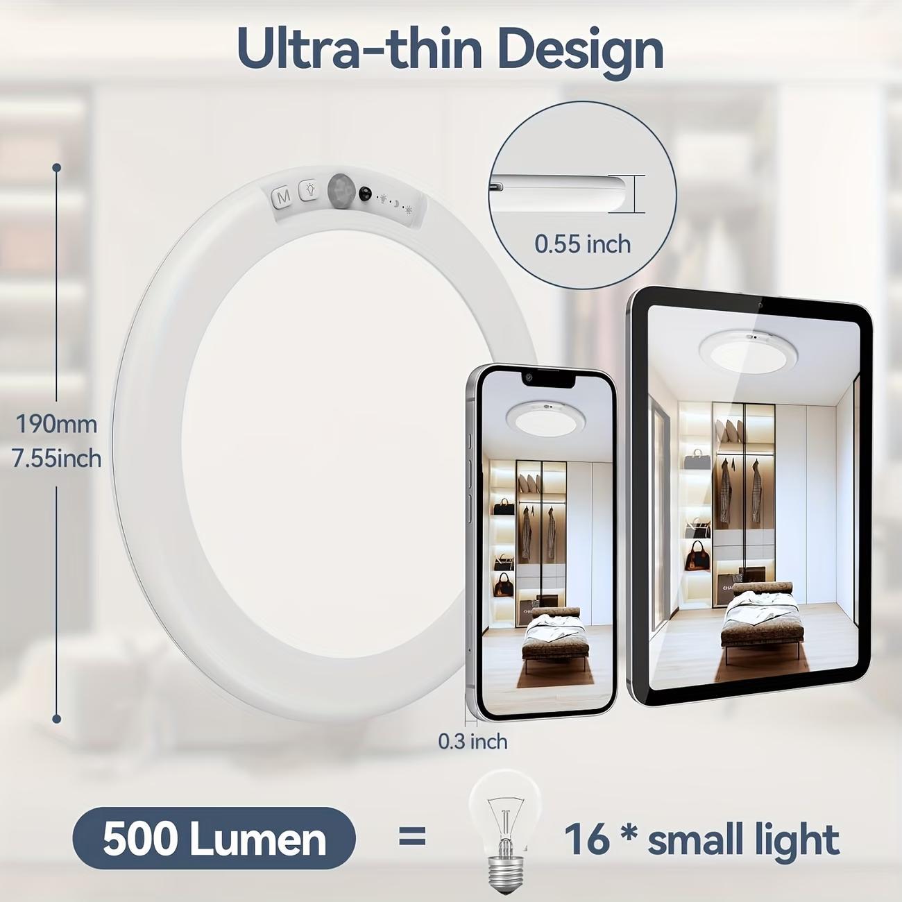 Rechargeable LED Ceiling Light with Motion Sensor, 3 Lighting Options, 10 Brightness Levels Battery Operated Closet Lights, Remote Control Dimmable Timing Motion Shower Lights for Living Bathroom Pantry Hallway Porch