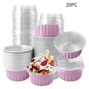 20Pcs Aluminum Foil Cupcake Baking Cups, 5oz Disposable Dessert Cups with Lids, Mini Muffin Liners, Flan Mold Tin Containers, Perfect for Wedding Party Dessert Serving