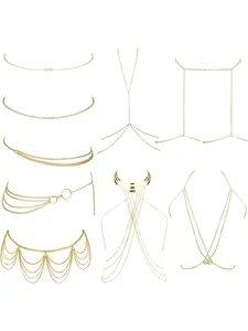 9 Pcs Gold Tone Belly Waist Chain Sexy Bikini Body Chain Set Summer Halloween Beach Long Rhinestone Bra Body Jewellery Accessories for Women