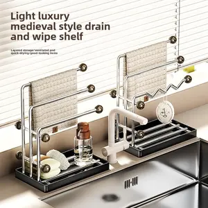 Kitchen stainless steel countertop organizer, household multi-layer storage rack with drain tray, rag holder, corner shelf for countertop, kitchen organizer, kitchen storage rack