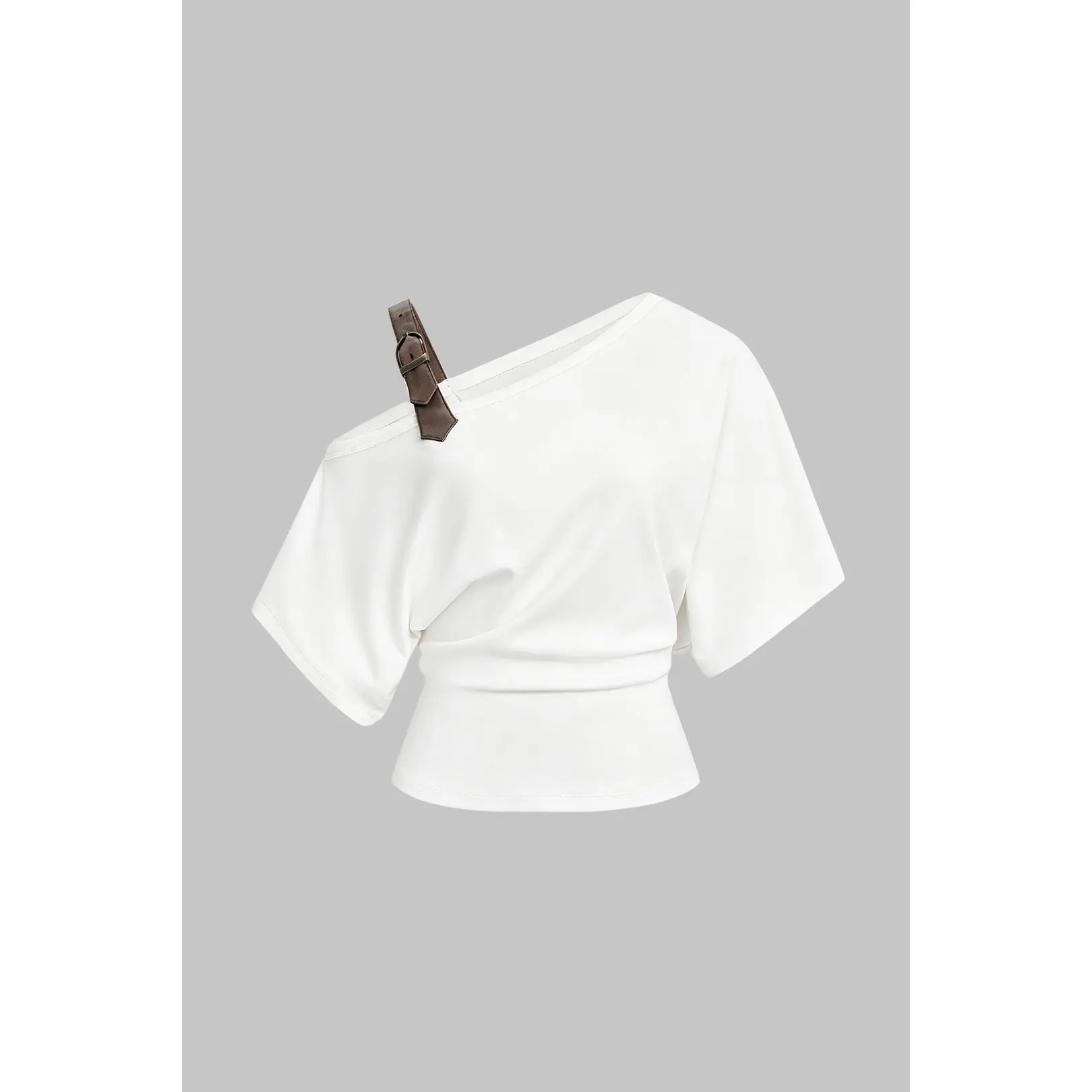 Asymmetrical Faux Leather Buckle One Shoulder Short Sleeve Top