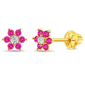 18k Gold Cubic Zirconia Flower Baby / Toddler / Kids Earrings Safety Screw Back