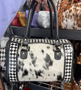 Genuine hand painted leather & cowhide soft shell duffel with matching checkered crossbody strap