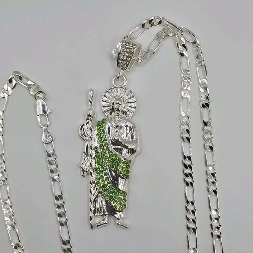 Saint Jude religious necklace figaro style SILVER-PLATED green  color stone's 24"inches
