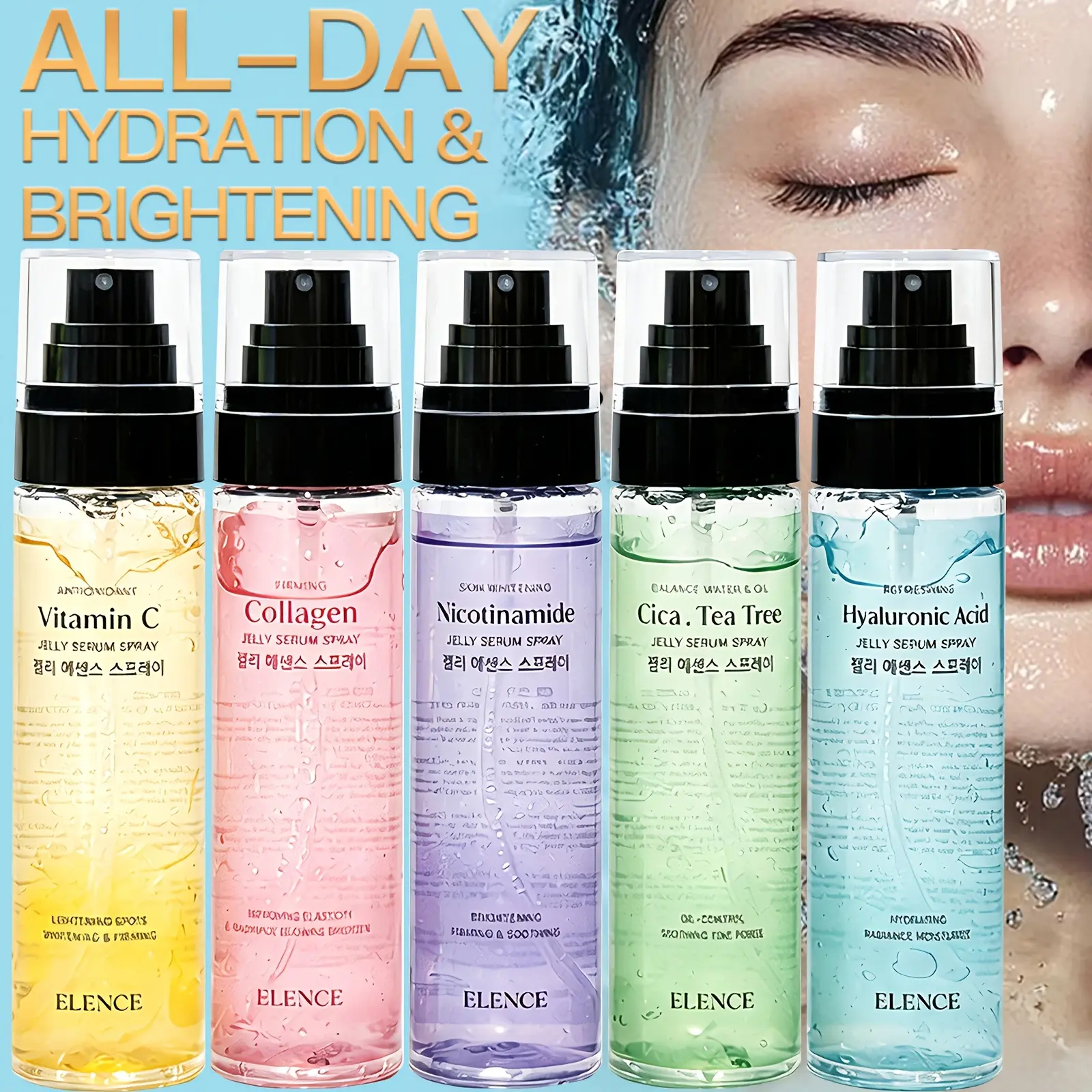 ELENCE Jelly Serum Face Mist Spray 100ml - Vitamin C, Collagen, Niacinamide, Cica, Hyaluronic Acid Variants - Hydrating, Firming, Brightening, Soothing Moisturizer Toner for All Skin Types - Daily Makeup Setting Spray, Moisturizers