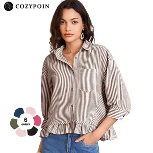 Women's Chic 3/4 Roll-Up Sleeve Vertical Striped Button-Down Cotton Blouse, Collared Neck Cropped Top with Ruffle Hem & Drop Shoulder, Casual Summer Clothes for Ladies