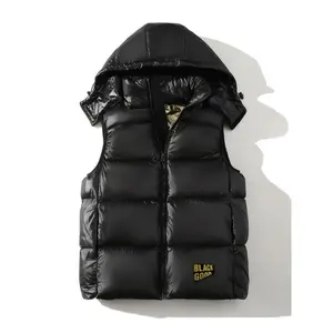 [100% Polyester Hooded Vest] Sleeveless 100% Polyester Black Golden Hooded Vest - Zip-Up Puffer Jacket with Stand Collar, Ideal for Fall/Winter Comfort