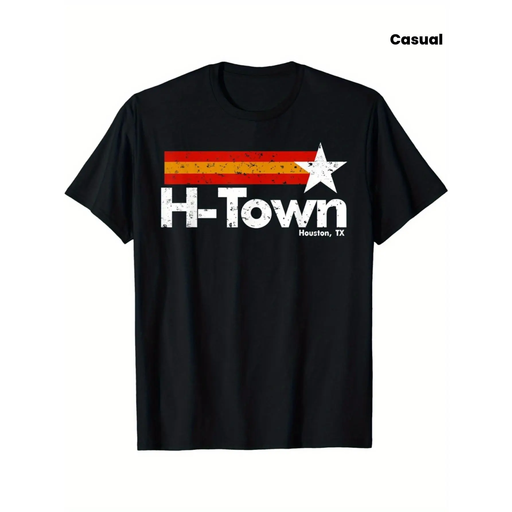 Men's H-Town Houston Texas Graphic T-Shirt - Menswear Tops, Vibrant Red White Blue Striped Design with Star, Chic Classic Short Sleeve Round Neck Comfortable Cotton All-Season Casual Outdoor Tee for Hiking, Golf