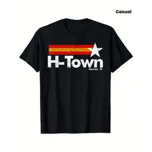 H-Town Houston Texas Graphic T-Shirt - Vibrant Red, White & Blue Striped Design with Star, Comfortable Cotton, Short Sleeve, Casual Outdoor Tee for Hiking, Yoga, Golf & Tennis, All-Season Wear, Outdoor Clothing | graphic tee men's t shirts