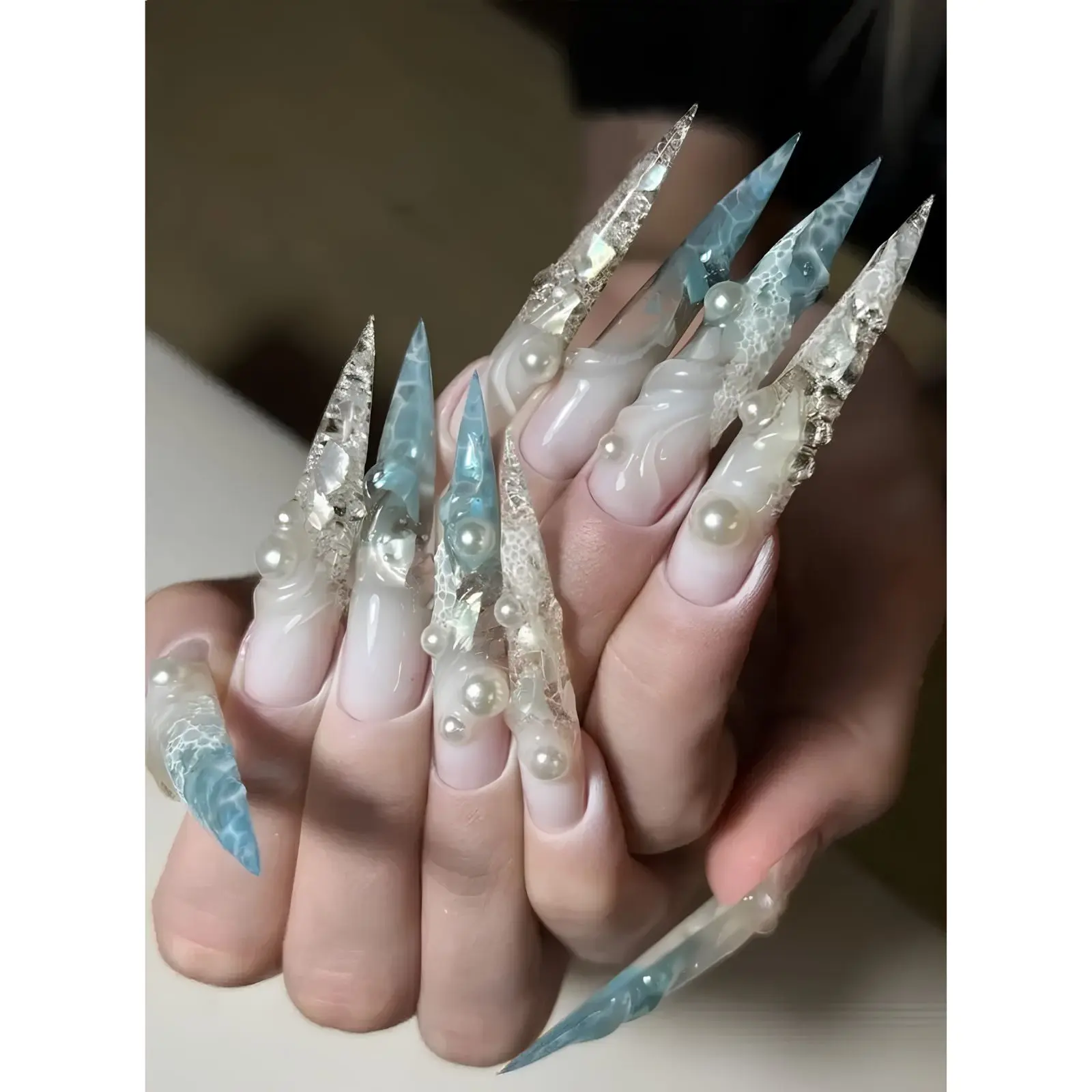 Luxury Ice Blue and Silver 3D Stiletto Nails with Pearls/Ocean Pearl Press On Nails | Mermaid Shell Nail Art | Handmade Stiletto Fantasy Luxury Set