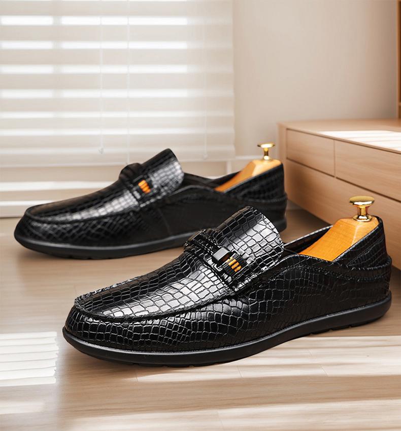 Men's Croc-Embossed Metal Bit Loafers, Black & Brown Formal Slip-On Leather Shoes25328