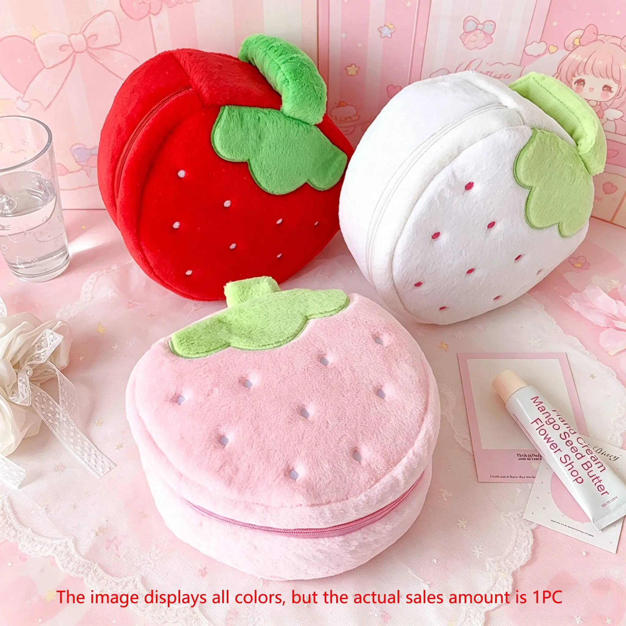 Cute Cartoon Strawberry Plush Large Makeup Bag, Student Skincare Storage Pouch, Portable Handheld Wash Kit, Girls' Beauty Organizer, Cosmetic Pouch, Cosmetic Bags