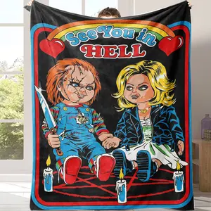 Chucky & Tiffany "See You in Hell" Retro Horror Flannel Blanket, Bride of Chucky Throw, Ultra-Soft Cozy Plush Blanket, Perfect Birthday, Halloween & All Occasion Gift for Horror Movie Fans