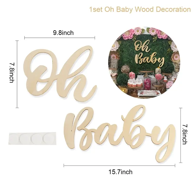 Wooden Hanging Banner with Oh Baby Letter String - 9.8x7.8in & 15.7x7.8in Sizes, Home & Festive Party Supplies for Baby Shower, Birthday Decorations, Wooden Oh Baby