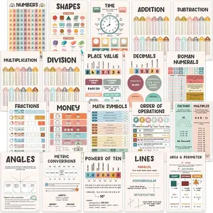 20 Boho Educational Math Posters 11x17in Matte-Laminated Decor for Classroom Hallways Bulletin Boards Home Study Room