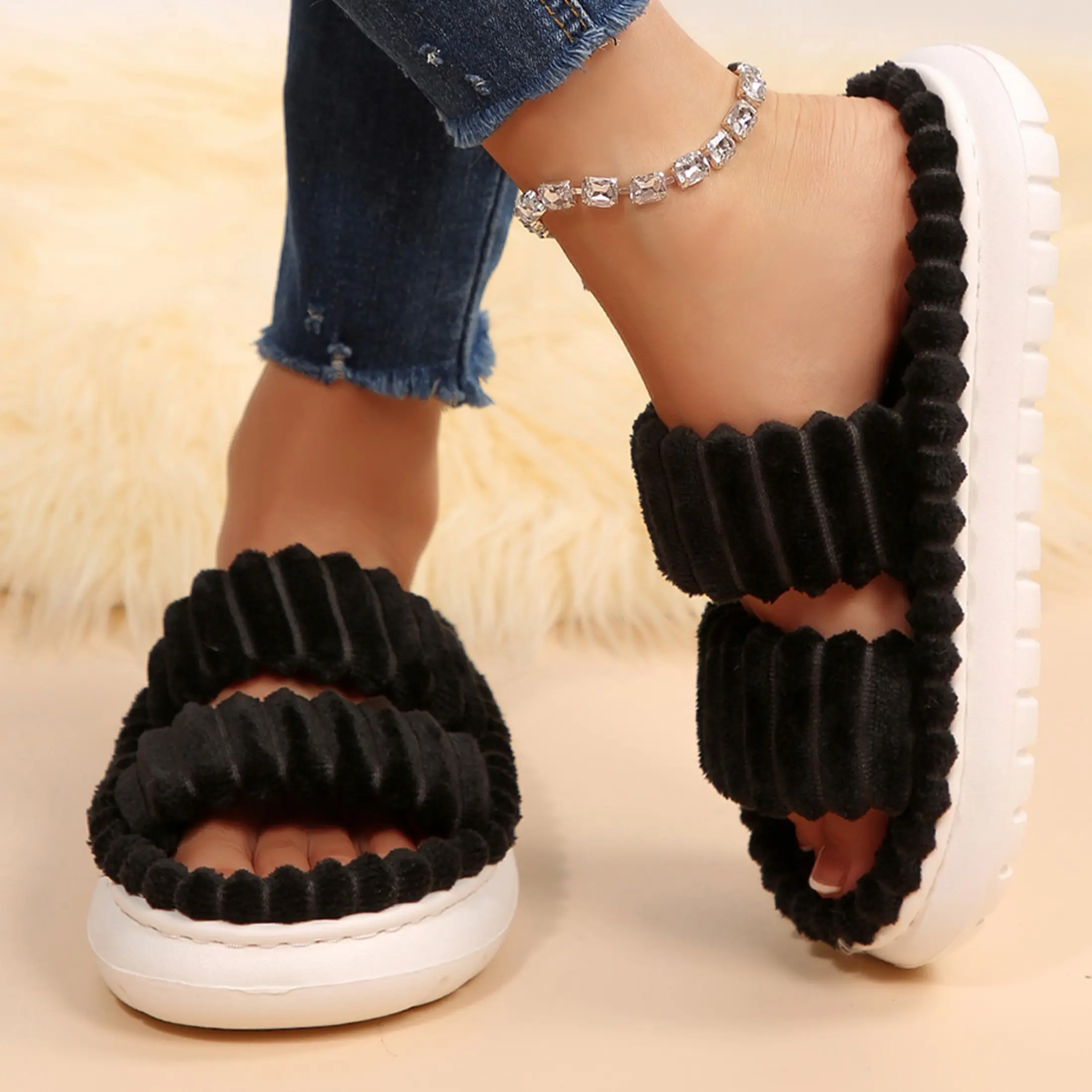 Women's Fashion Fluffy Slippers Double-Strap Open-Toe Platform Slides with Plush Texture Indoor Outdoor Shoes A Must-Have for Indoor Relaxation