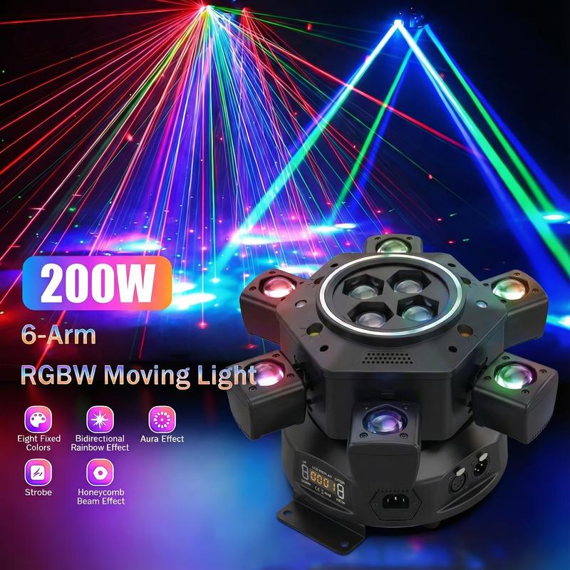 6-IN-1 Moving Head DJ Lights with RGBW 6-Arm Beams Bee-Eyes Effect 4 LED Strobes DMX-512 Sound Activated Stage Lights for Party Disco KTV Wedding Club