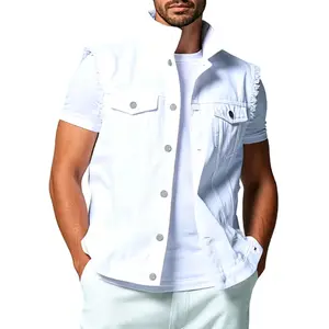 Streetwear White Men's Cowboy Jacket Trendy Brand High Street Versatile Short Sleeve Vest Personalized Washed Haired Men's Coat