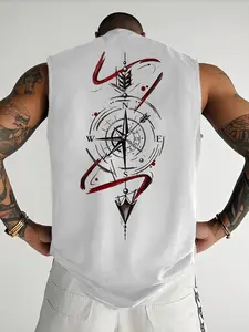 Men's Casual Sleeveless Vest with Compass Print, Summer Outdoor Sports Wear, Daily Versatile Graphic Top, Fitted Style