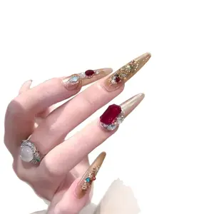 Handcrafted Press-On Nails: Red Crushed Diamonds & Buccellati-Inspired Courtly Style — Dazzling, “Pure-Seduction” vibe, high-end & light luxury — long, pointed shape