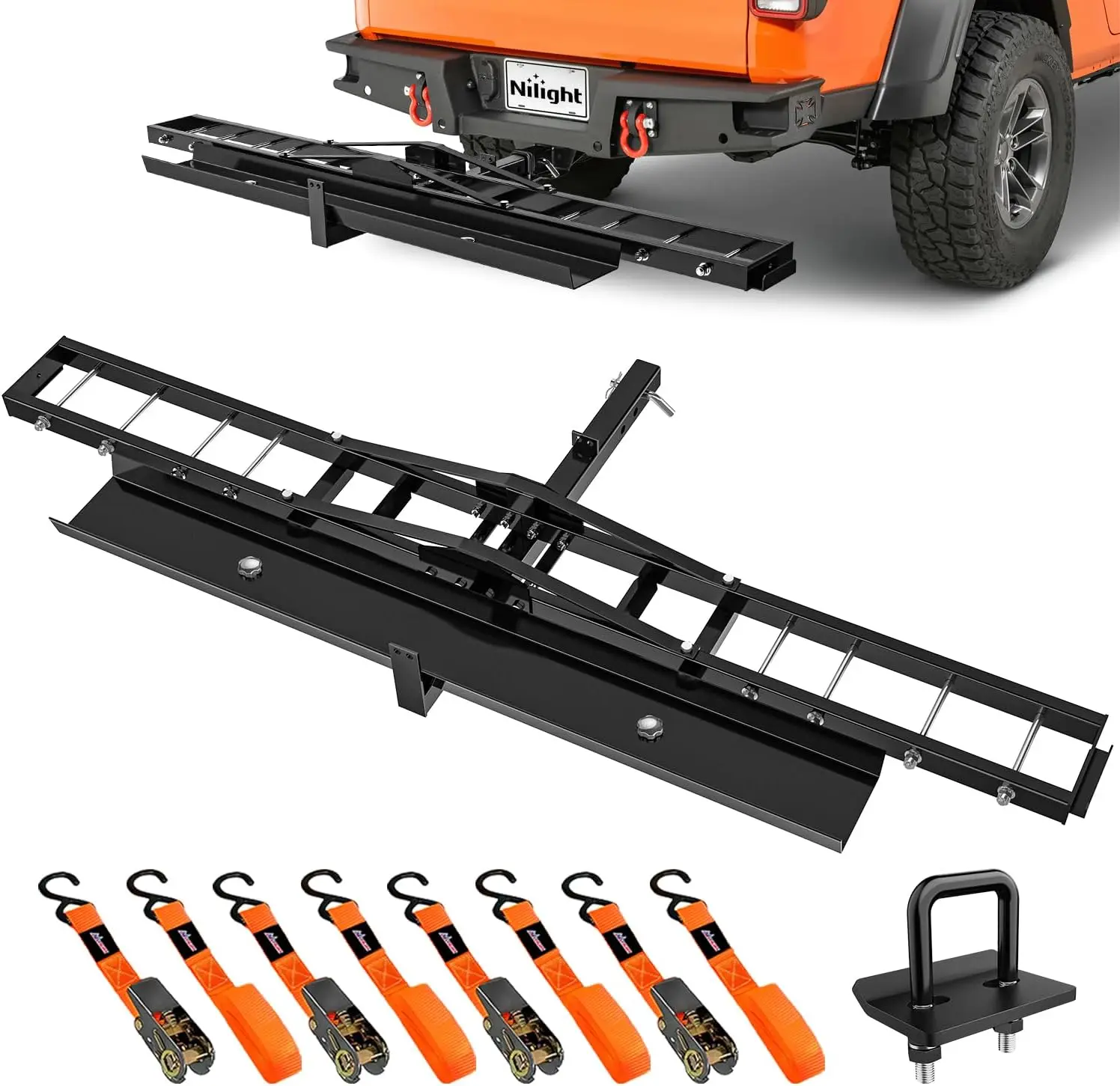 Nilight Heavy Duty Powder-Coated Steel Frame Motorcycle Hitch Carrier, 600lbs Cap., 2" Receiver, 76" Track, 5" Wide Tire Fit, 55" Long Ramp, High Quality Ratchet Straps, Self Install Kit (Hitch Pin, Tightener) for Secure Tire Stability, Assembly Required,