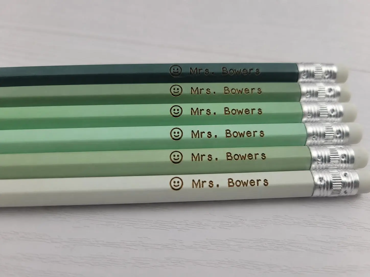 Personalized Engraved Pencils: Back to School, Teacher Gift, Set of 6 in Green Shades Colorway