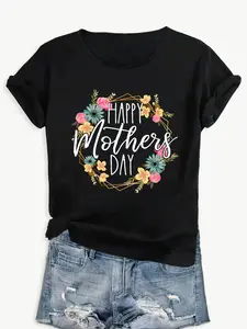 Happy Mother'S Day Floral Wreath Graphic Tee - Casual Crew Neck Short Sleeve Top, Medium Stretch Fabric, Summer Wear for Women, Everyday Clothing | Floral Wreath Design | Comfortable Fi