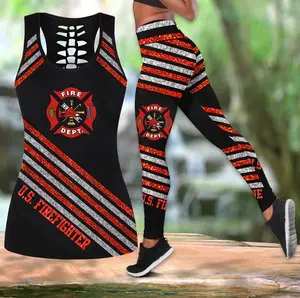 U.S. Firefighter Tank Top and Leggings Set, Women’s Hollow Out Workout Yoga Outfit, Fire Dept Activewear Gift