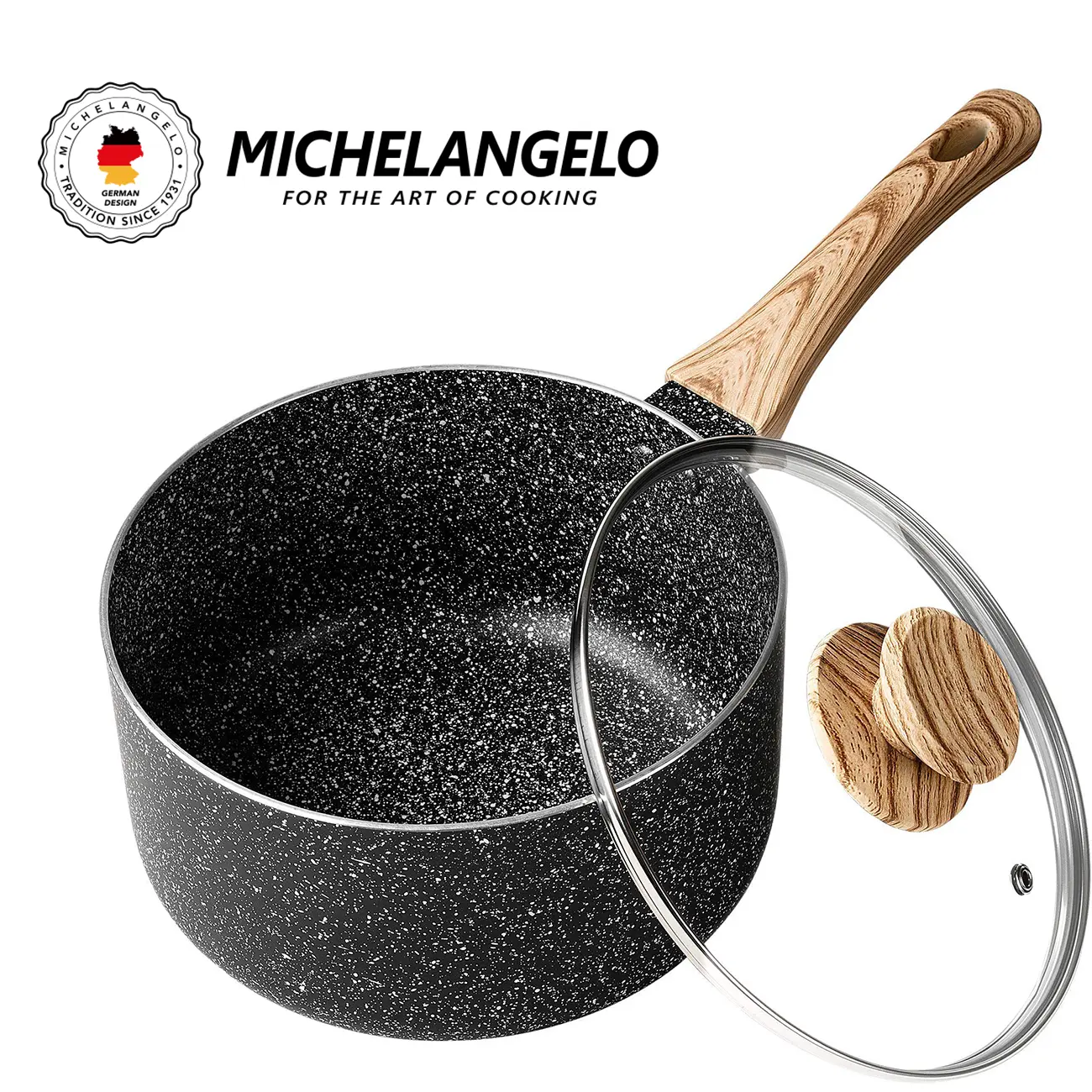 MICHELANGELO Granite Nonstick Saucepan Set with Glass Lids, Induction Compatible Sauce Pans, 1QT, 2QT & 3QT
