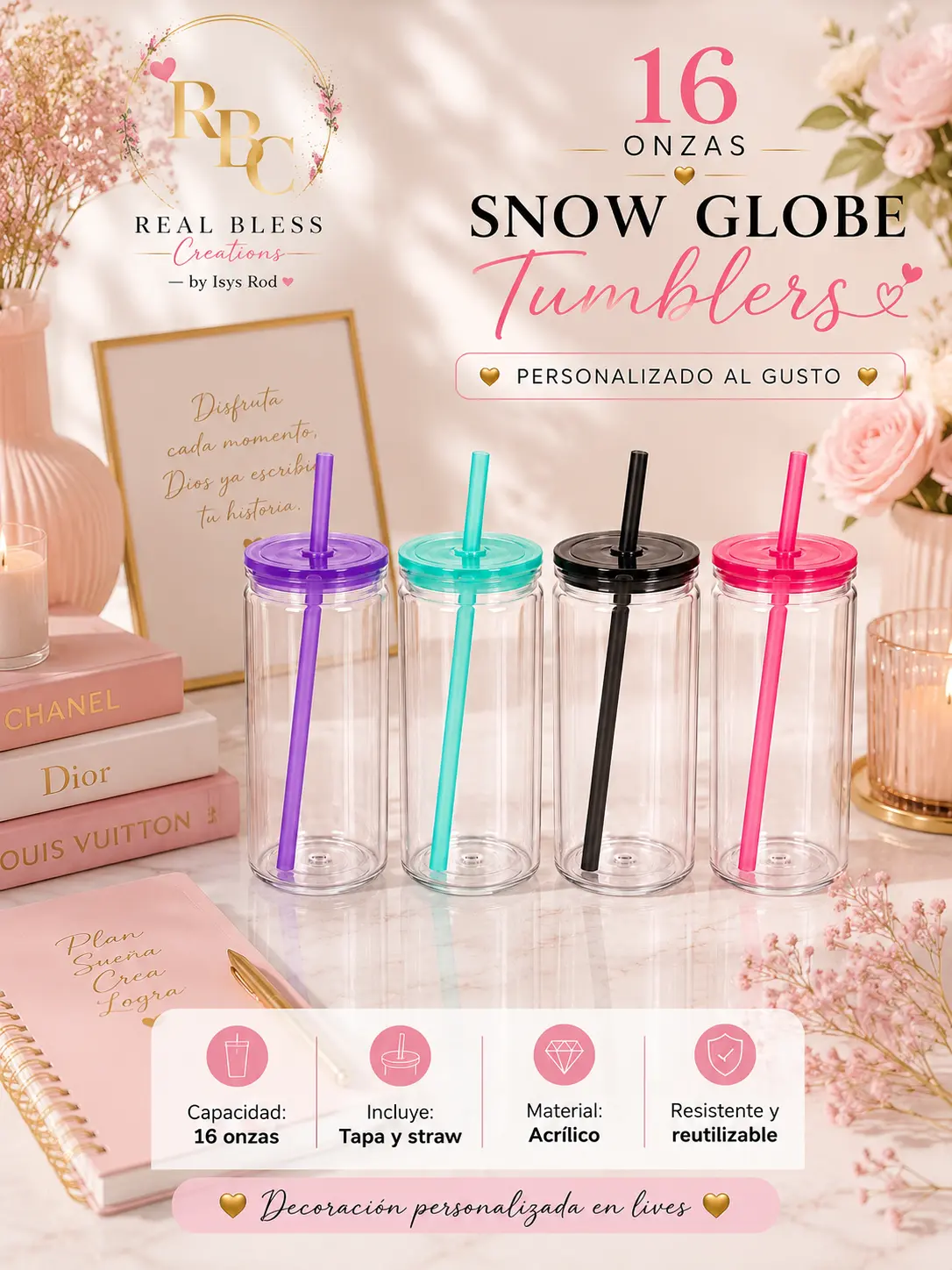 16 oz Snow Globe Tumbler with Colored Lid & Straw – Personalized Acrylic Cup