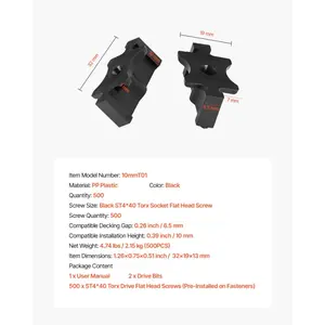 VEVOR 500PCS Hidden Deck Fasteners for Composite Decking Board, Universal Composite T Clips Plastic Hidden Fasteners with Metal Screws, Polypropylene PP Clips Works with 0.26 inch Gaps, Black