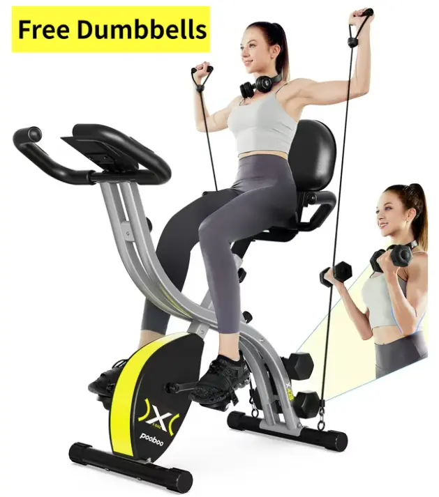 Pooboo Folding Exercise Bike Indoor Stationary Cycling Bicycle Upright Magnetic Workout Bicycle With Dumbbells and Resitance Bands Maximum Weight 300LBS
