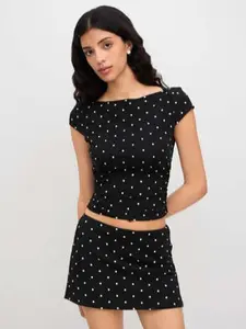 Cotton-blend Boat Neck Polka Dot Ruched Tee & Mini Skort - CIDER