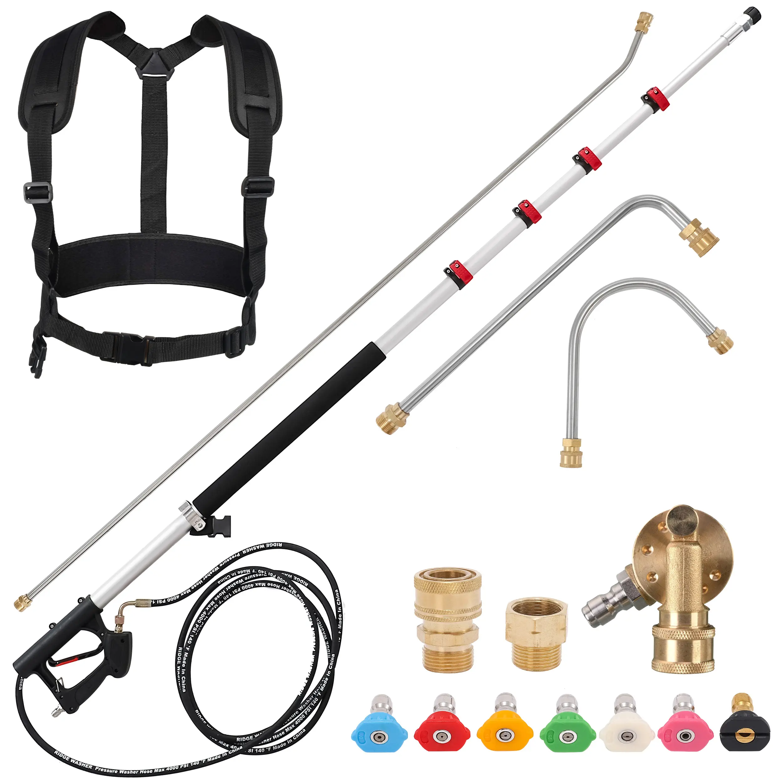 24 FT Aluminum Telescoping Wand Pressure Washer Gutter Cleaner Tool (4000 PSI) - 3 Curve Attachments, 7 Spray Nozzle Tips, Adjustable Strap, Cushioned Grip, 2 Adapters, Support Belt for Car Cleaning, High Reach Areas - Fathers Day Gift, Car Accessories, C
