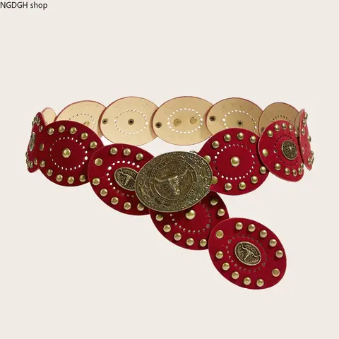 Women's Vintage Western Cowboy Waist Belt - PU Leather Belt with Oval Discs, Studs, Red-Black Rivets, Retro Metal Buckle, Heart Accent, Boho Bohemian Punk Style - All Seasons Accessory for Dresses, Jeans