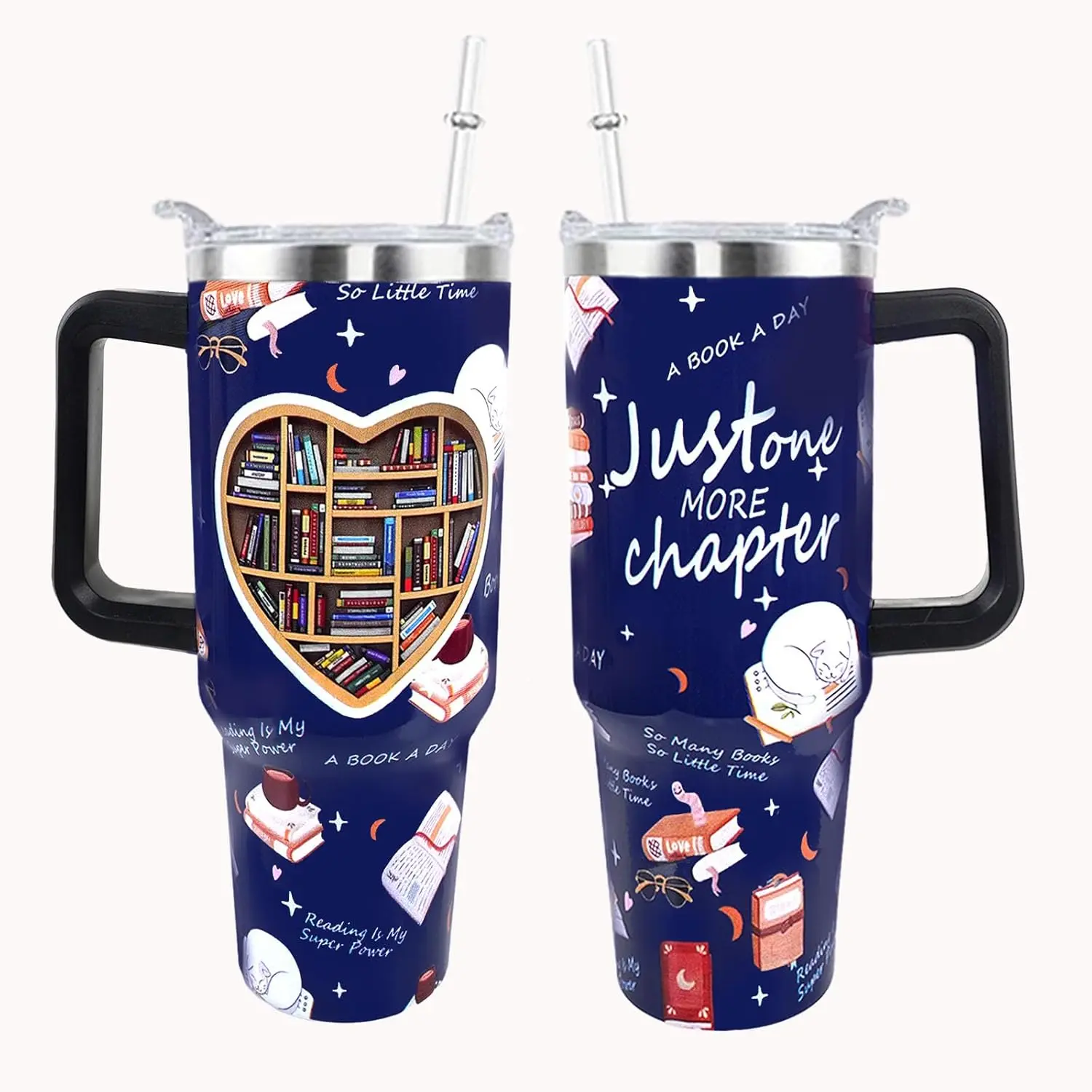 40oz Insulated Stainless Steel Vacuum Tumbler for Book Lovers - Large-Handled, Leak-Proof Coffee Cup with Straw Lid, Portable Reusable Bottle for Home, Office, Mother's Day/Birthday Gift (Kitchenware Drinkware)